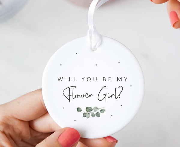 Will You Be My Flower Girl? Wedding Proposal Ceramic Keepsake - Eucalyptus Sage Green Design